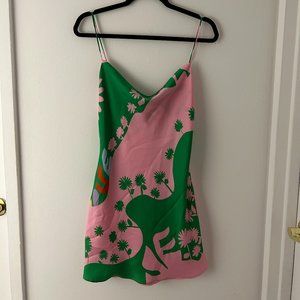 NWT ZARA Pink & Green Satin Effect Mini Dress (Size S)